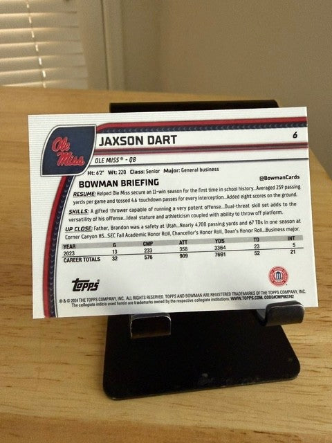 2024 Bowman Chrome Jaxson Dart X-Fractor #6 | Ole Miss | New York Giants
