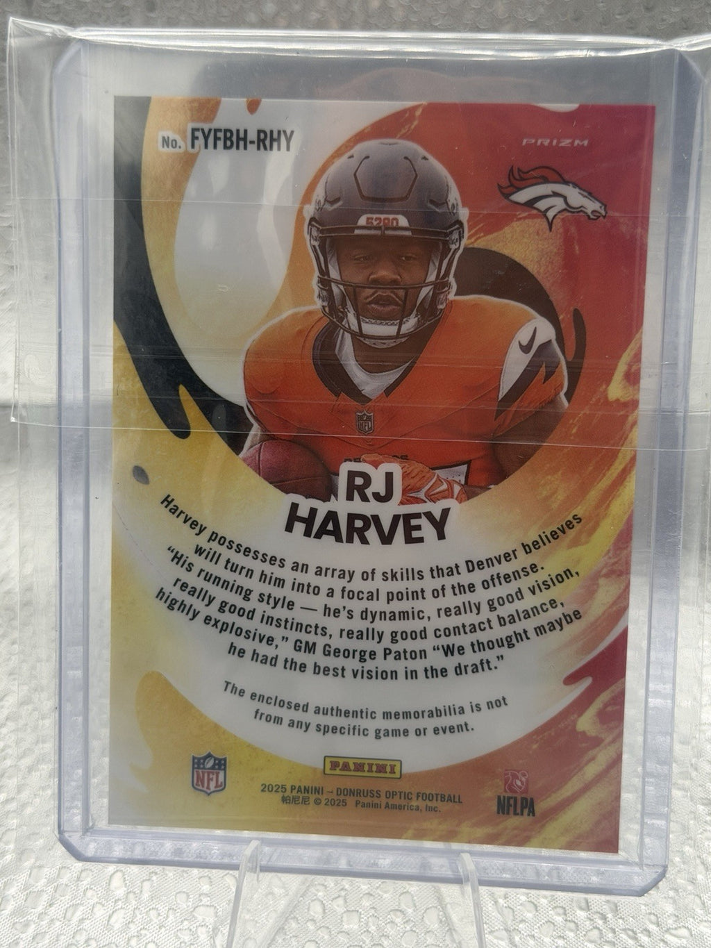2025 Donruss Optic RJ Harvey First Year Fresh Patch RC Broncos Rookie Relic